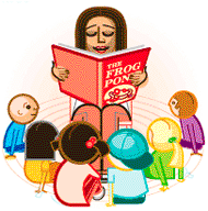Teacher with a small group of children in a guided reading session. Teacher is on a small chair, kids are on the floor, the teacher is reading book. The book is called The Frog Pond