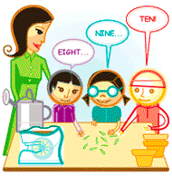 Three kids at a table, working together to count a group of seeds. There is also planting stuff on table — soil, pots, watering can. Teacher is off to the side.