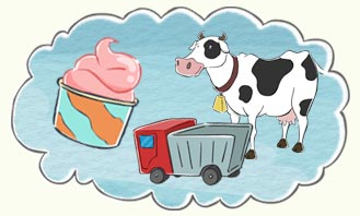 a cup of ice cream, a cow and a toy truck