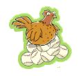 a hen sitting on top of a pile of baseballs