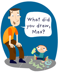 Baby writing on a sidewalk.