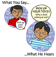 What You Say... Dad: Pick up your toys. What they hear... Boy: PICK UP YOUR TOYS!! Why is Dad yelling at me?