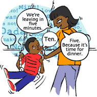 Mom: We're leaving in five minutes. Boy: Ten. Mom: Five. Because it's time for dinner.