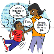 Mom: We're leaving in five minutes. Boy: Ten Mom: Seven. Then it's time to go.