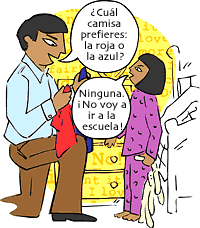 ¿Cuál camisa prefieres: la roja o la azul? Ninguna. ¡No voy a ir a la escuela!